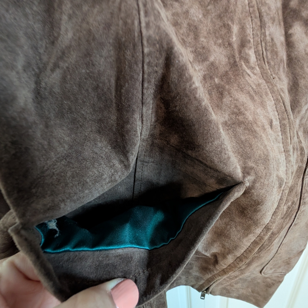 Brown Suede Leather Jacket With Patterned Collar - image 4